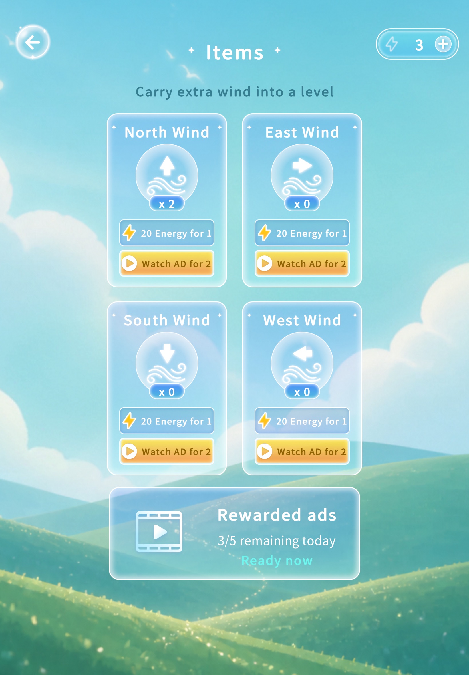 Mahjong Blitz wind items screen